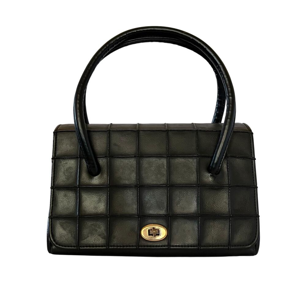 Vintage Verdi Black Embossed Turnlock Satchel Handbag - Made in USA